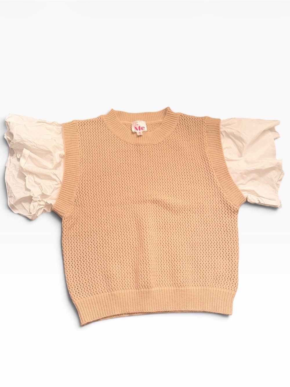 So Me Makeover Essentials Tan Knit Vest with White Puff Sleeves - Women